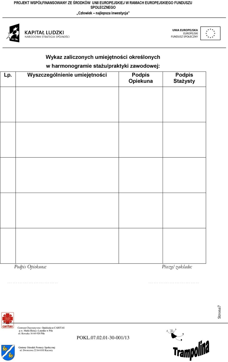 stażu/praktyki zawodowej: Lp.