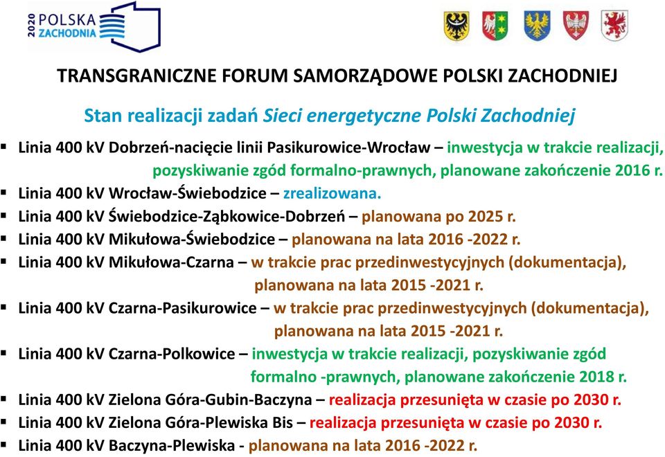 Linia 400 kv Mikułowa-Świebodzice planowana na lata 2016-2022 r. Linia 400 kv Mikułowa-Czarna w trakcie prac przedinwestycyjnych (dokumentacja), planowana na lata 2015-2021 r.