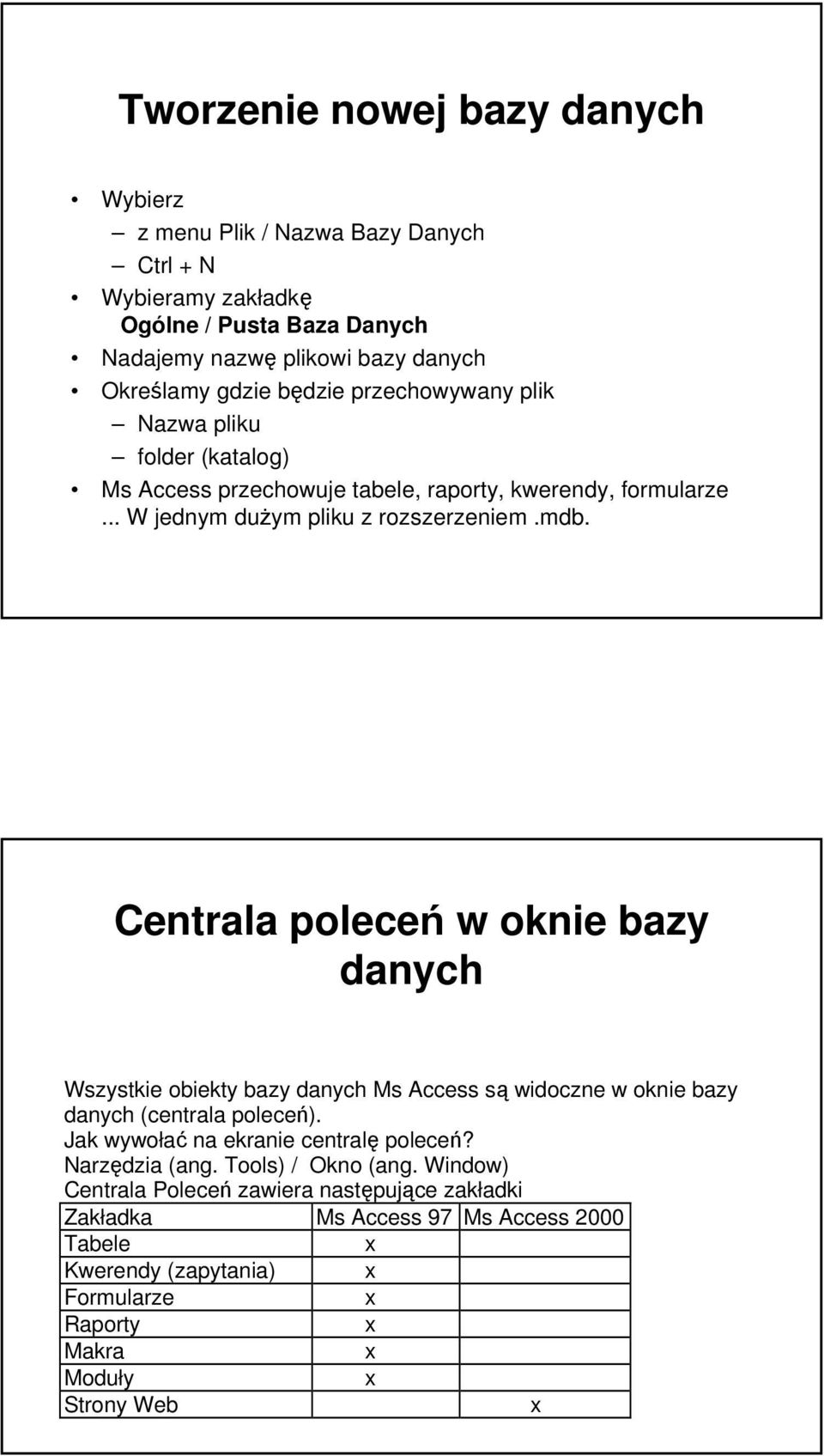 Centrala poleceń w oknie bazy danych Wszystkie obiekty bazy danych Ms Access są widoczne w oknie bazy danych (centrala poleceń). Jak wywołać na ekranie centralę poleceń?