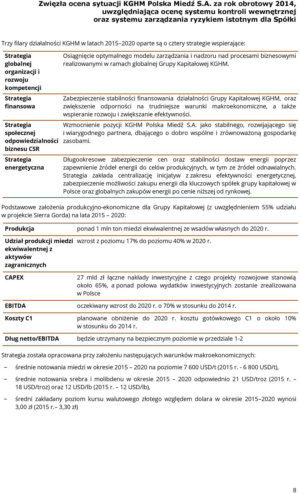 Zabezpieczenie stabilności finansowania działalności Grupy Kapitałowej KGHM, oraz zwiększenie odporności na trudniejsze warunki makroekonomiczne, a także wspieranie rozwoju i zwiększanie efektywności.