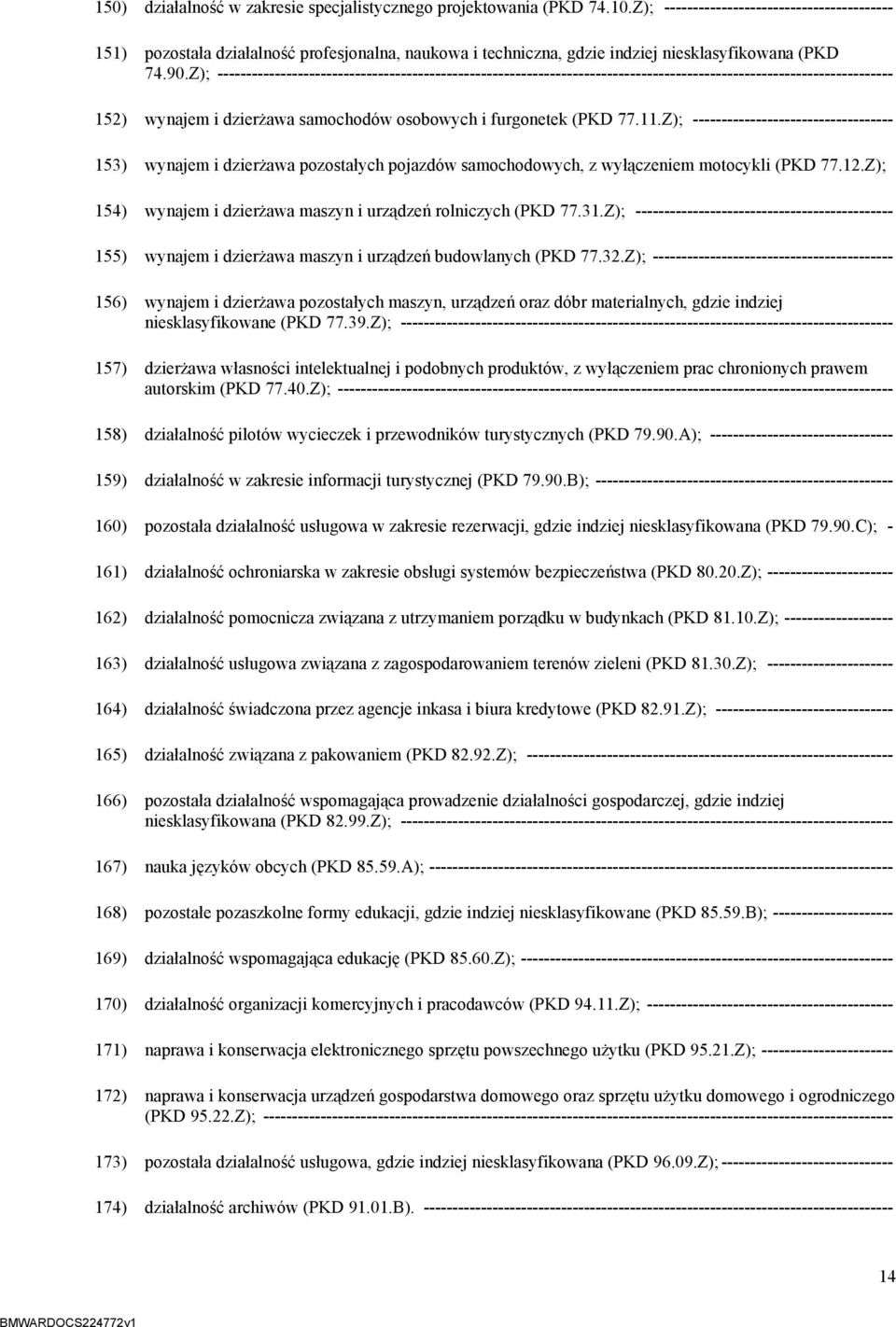 Z); ---------------------------------------------------------------------------------------------------------------------- 152) wynajem i dzierżawa samochodów osobowych i furgonetek (PKD 77.11.