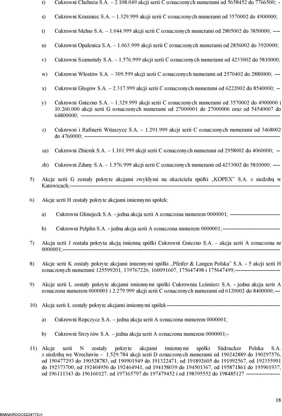 999 akcji serii C oznaczonych numerami od 2856002 do 3920000; v) Cukrowni Szamotuły S.A. 1.576.999 akcji serii C oznaczonych numerami od 4233002 do 5810000; w) Cukrowni Włostów S.A. 309.