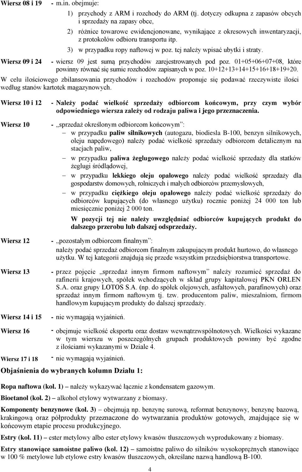 3) w przypadku ropy naftowej w poz. tej należy wpisać ubytki i straty. - wiersz 09 jest sumą przychodów zarejestrowanych pod poz.