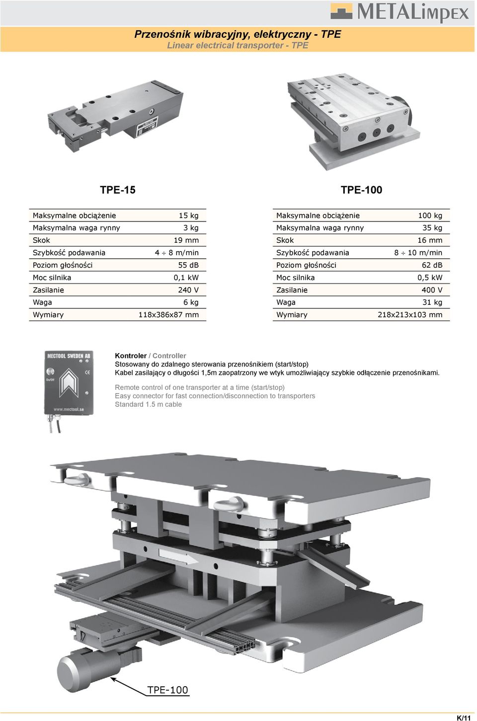 400 V Waga 6 kg Waga 31 kg Wymiary 118x386x87 mm Wymiary 218x213x103 mm Kontroler / Controller Stosowany do zdalnego sterowania przenośnikiem (start/stop) Kabel zasilający o długości 1,5m zaopatrzony