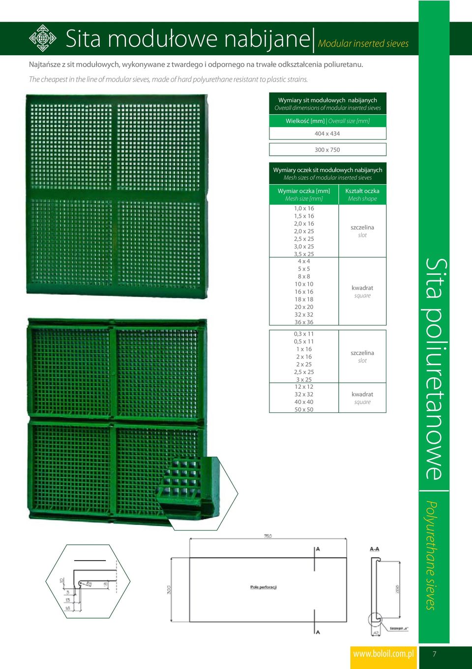 Wymiary sit modułowych nabijanych Overall dimensions of modular inserted sieves Wielkość [mm] Overall size [mm] 404 x 434 300 x 750 Wymiary oczek sit modułowych nabijanych Mesh sizes of modular