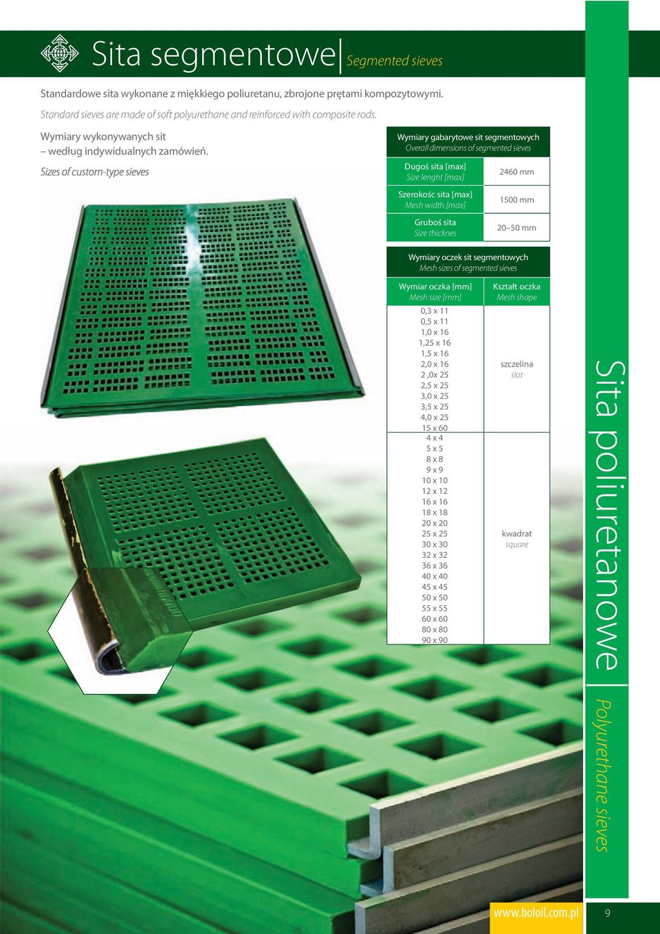 Sizes of custom-type sieves Wymiary gabarytowe sit segmentowych Overall dimensions of segmented sieves Dugoś sita [max] Size lenght [max] Szerokośc sita [max] Mesh width [max] Gruboś sita Size