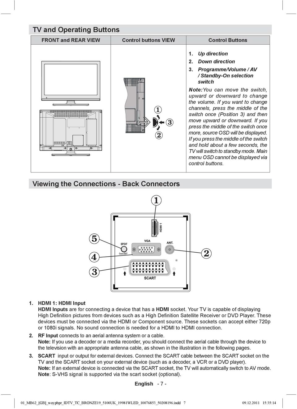 If you want to change channels, press the middle of the switch once (Position 3) and then move upward or downward. If you press the middle of the switch once more, source OSD will be displayed.