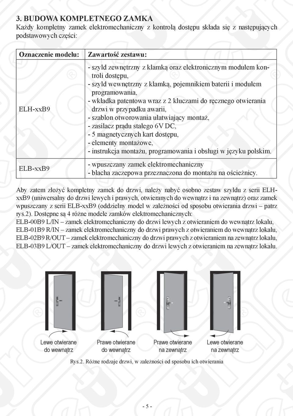 otwierania drzwi w przypadku awarii, - szablon otworowania ułatwiający montaż, - zasilacz prądu stałego 6V DC, - 5 magnetycznych kart dostępu, - elementy montażowe, - instrukcja montażu,