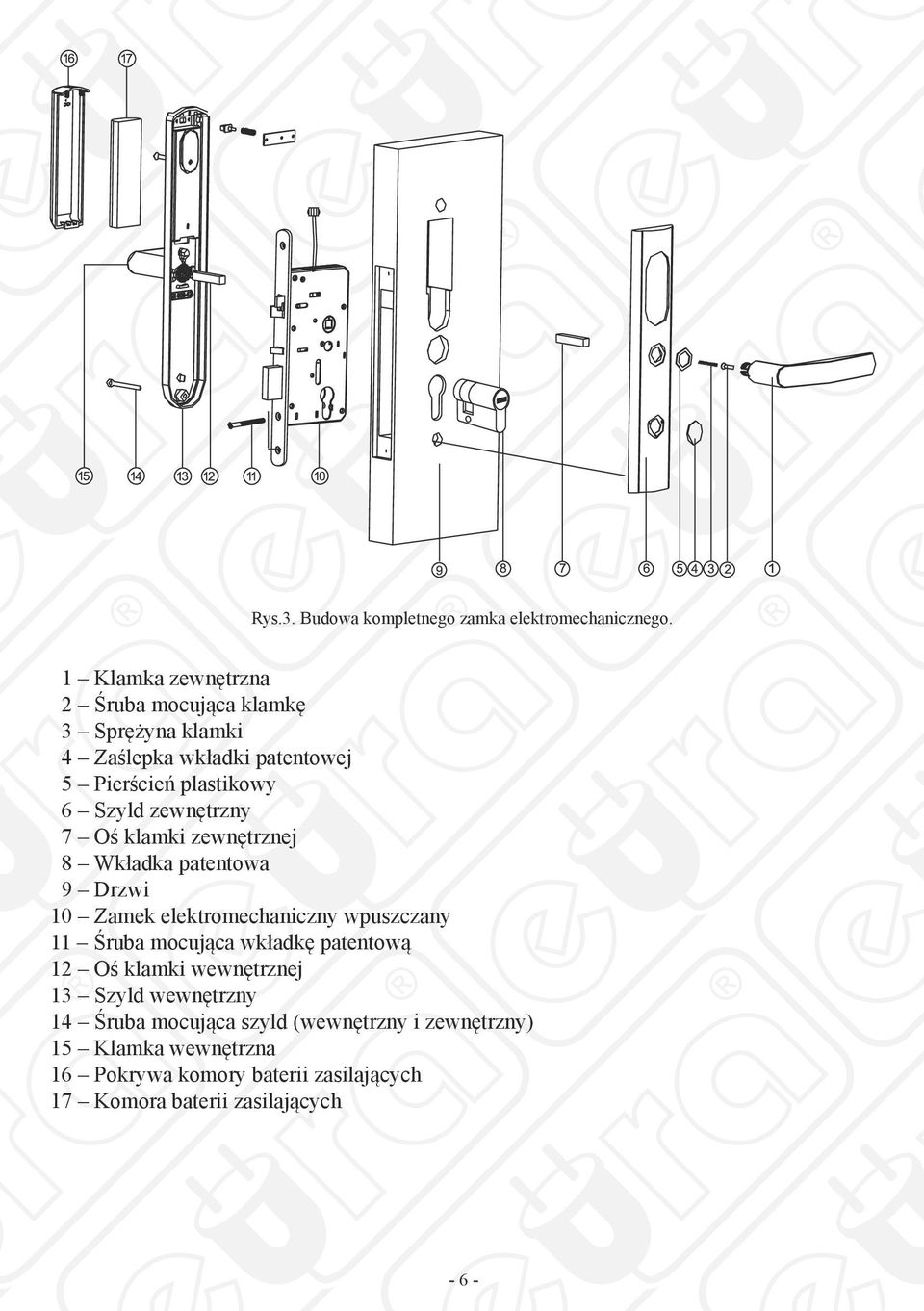 zewnętrzny 7 Oś klamki zewnętrznej 8 Wkładka patentowa 9 Drzwi 10 Zamek elektromechaniczny wpuszczany 11 Śruba mocująca