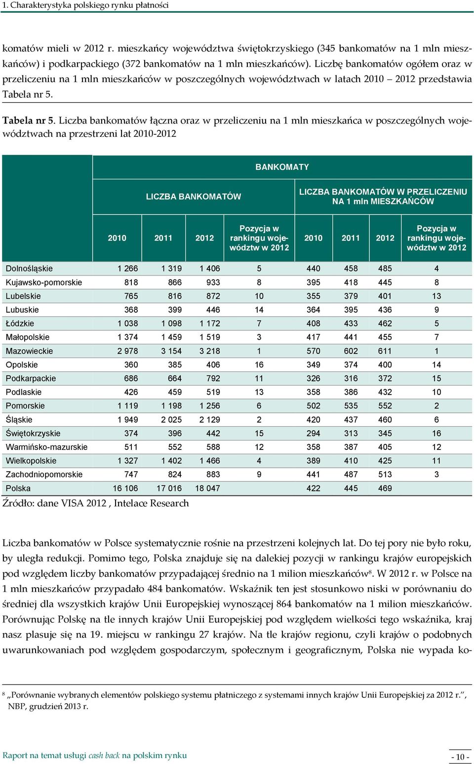 Liczbę bankomatów ogółem oraz w przeliczeniu na 1 mln mieszkańców w poszczególnych województwach w latach 2010 2012 przedstawia Tabela nr 5.