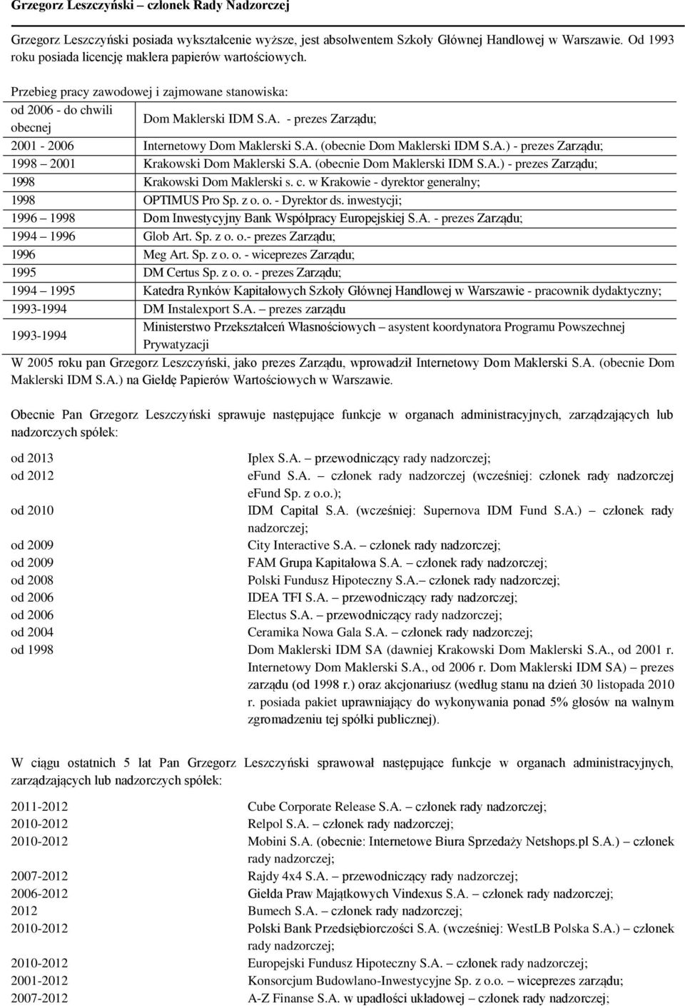 - prezes Zarządu; 2001-2006 Internetowy Dom Maklerski S.A. (obecnie Dom Maklerski IDM S.A.) - prezes Zarządu; 1998 2001 Krakowski Dom Maklerski S.A. (obecnie Dom Maklerski IDM S.A.) - prezes Zarządu; 1998 Krakowski Dom Maklerski s.