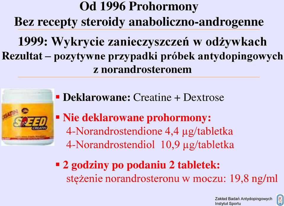 Creatine + Dextrose Nie deklarowane prohormony: 4-Norandrostendione 4,4 µg/tabletka