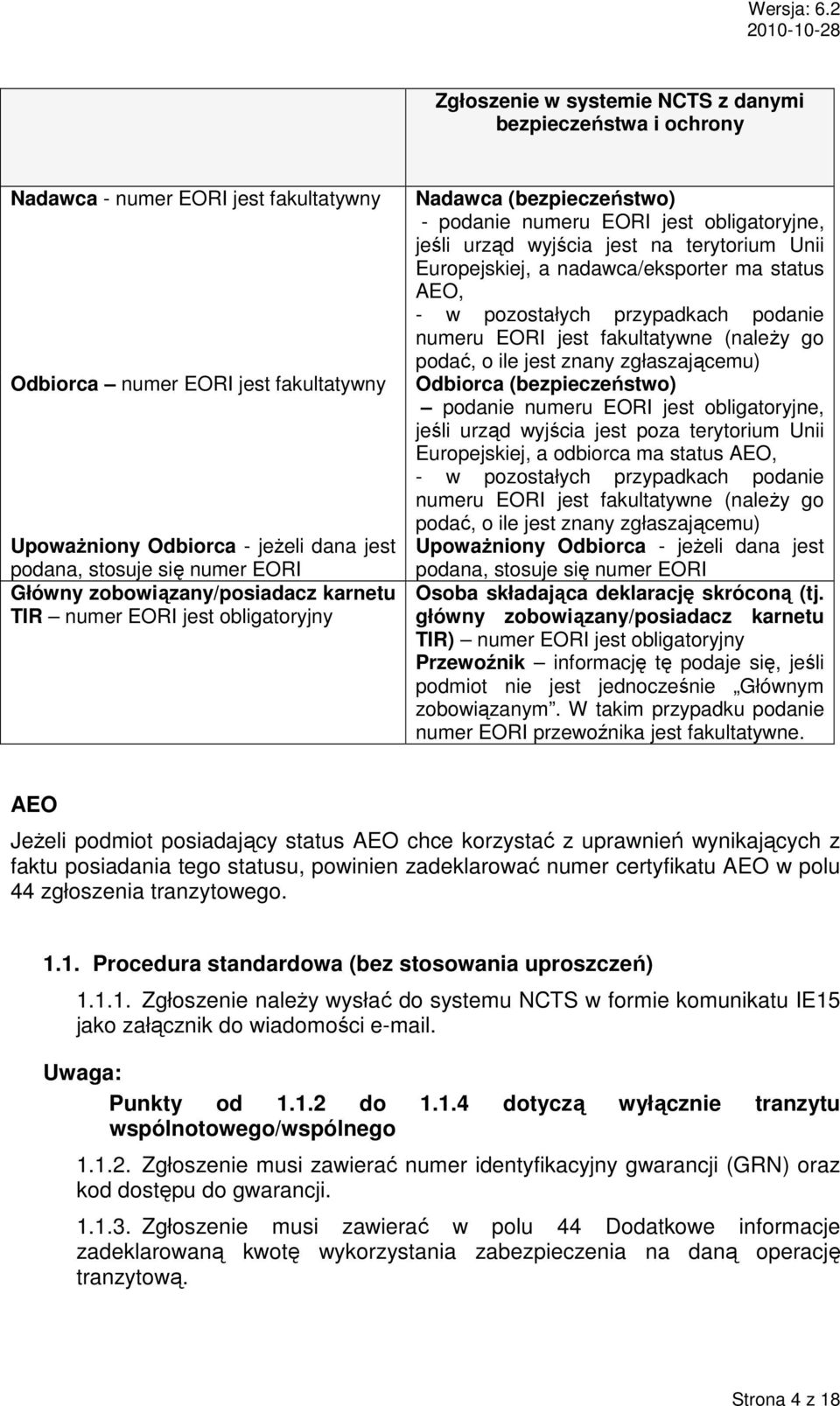 Europejskiej, a nadawca/eksporter ma status AEO, - w pozostałych przypadkach podanie numeru EORI jest fakultatywne (naleŝy go podać, o ile jest znany zgłaszającemu) Odbiorca (bezpieczeństwo) podanie