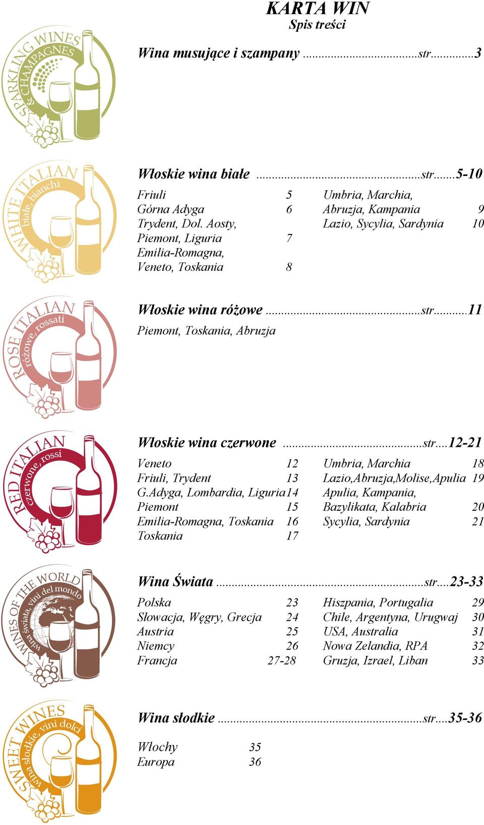 ..11 Piemont, Toskania, Abruzja czerwone, rossi RED ITALIAN Włoskie wina czerwone...str...12-21 Veneto 12 Umbria, Marchia 18 Friuli, Trydent 13 Lazio,Abruzja,Molise,Apulia 19 G.