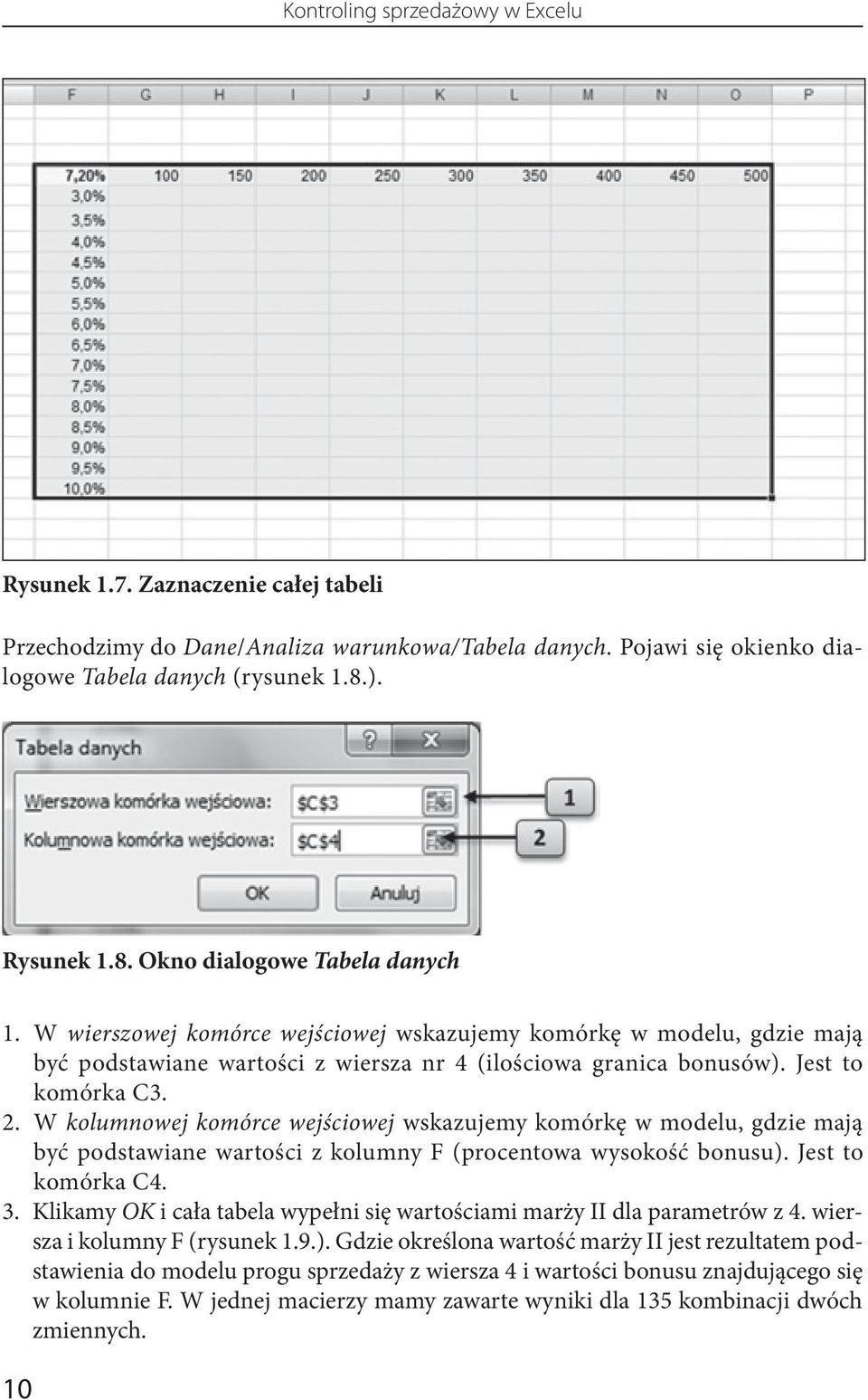 Jest to komórka C3. 2. W kolumnowej komórce wejściowej wskazujemy komórkę w modelu, gdzie mają być podstawiane wartości z kolumny F (procentowa wysokość bonusu). Jest to komórka C4. 3.