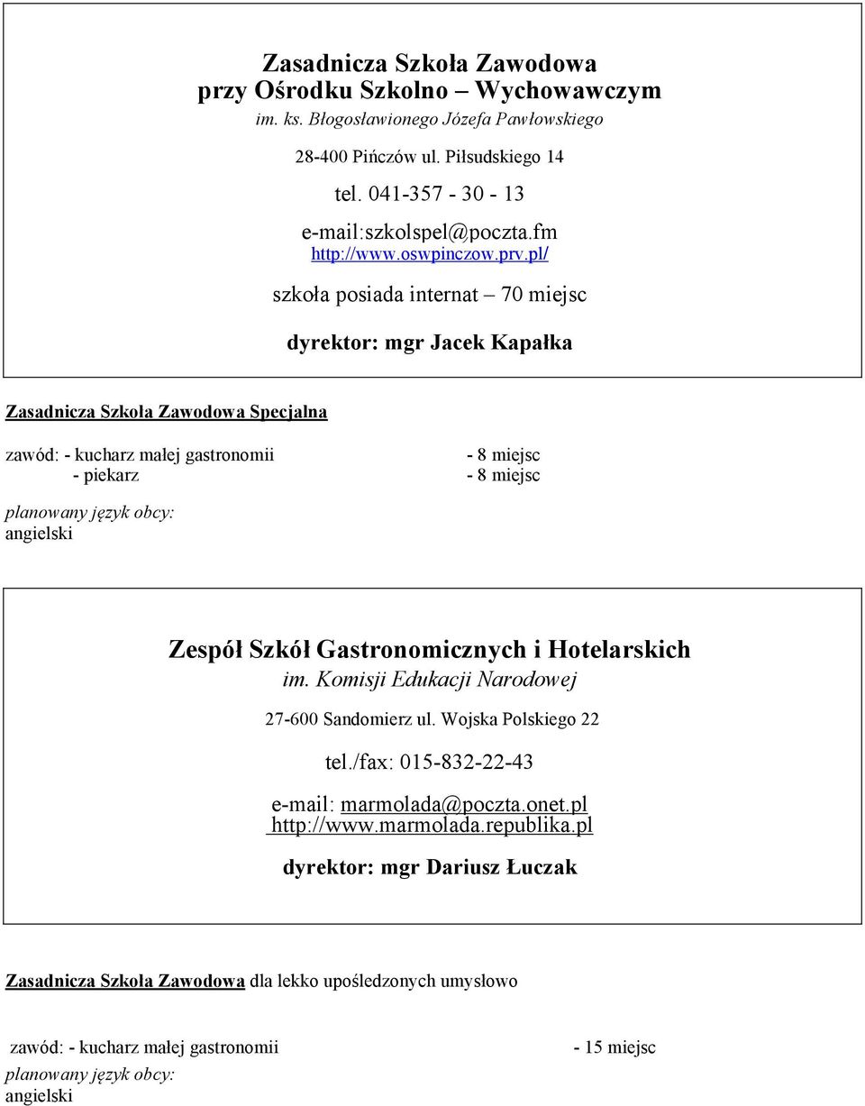 pl szkoła posiada internat 70 miejsc dyrektor: mgr Jacek Kapałka Zasadnicza Szkoła Zawodowa Specjalna zawód: - kucharz małej gastronomii - 8 miejsc - piekarz - 8 miejsc Zespół Szkół