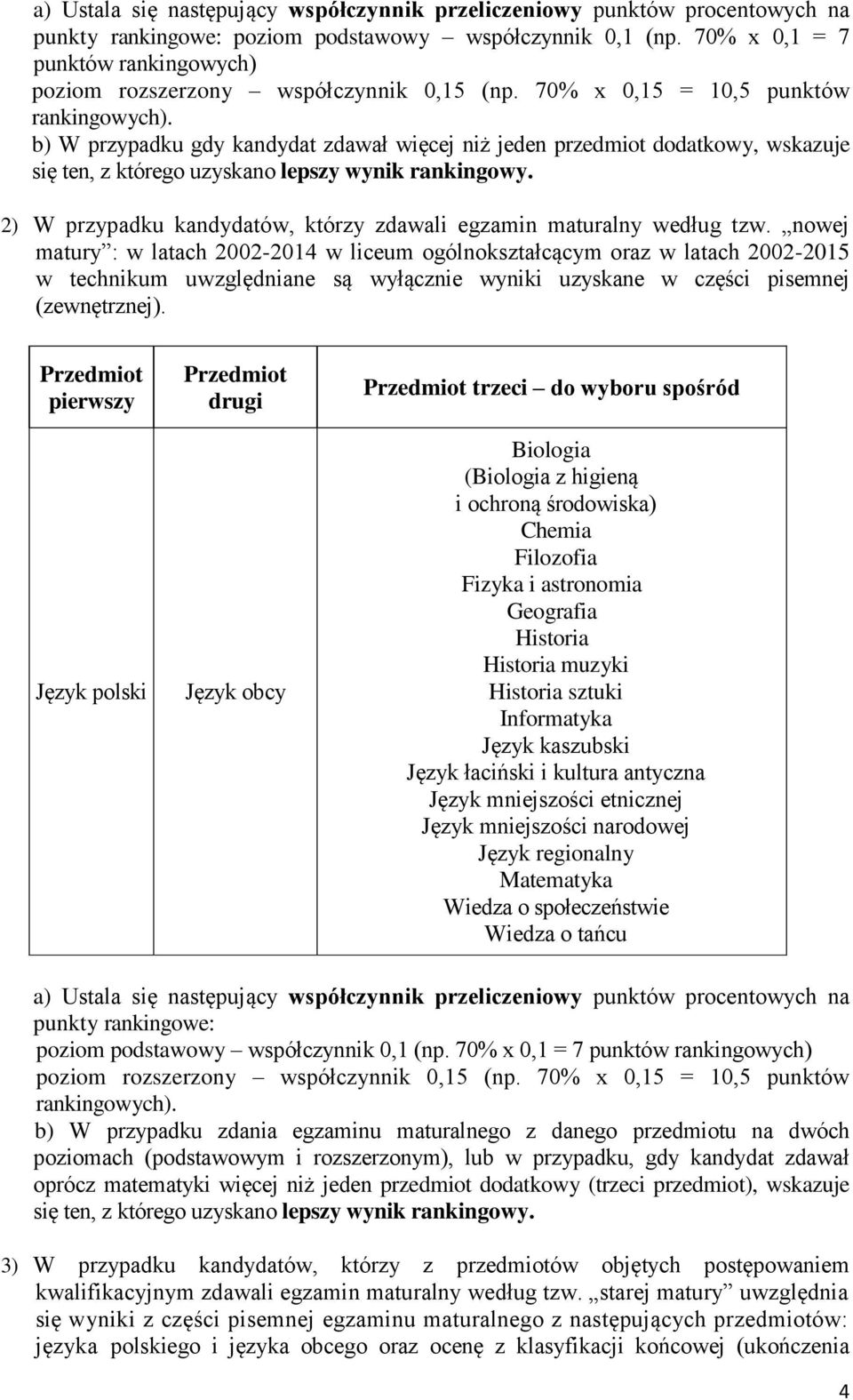 b) W przypadku gdy kandydat zdawał więcej niż jeden przedmiot dodatkowy, wskazuje się ten, z którego uzyskano lepszy wynik rankingowy.