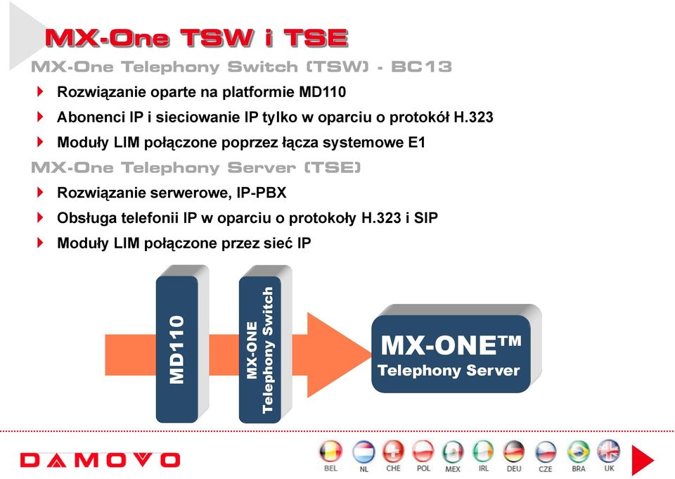 323 Moduły LIM połączone poprzez łącza systemowe E1 MX-One Telephony Server (TSE) Rozwiązanie