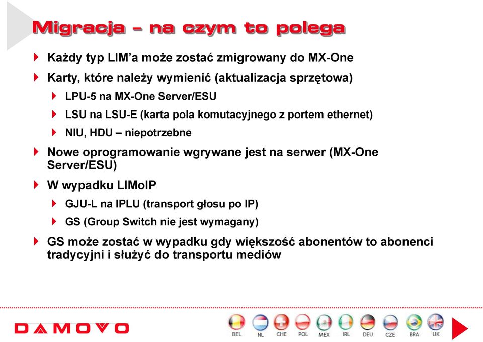 oprogramowanie wgrywane jest na serwer (MX-One Server/ESU) W wypadku LIMoIP GJU-L na IPLU (transport głosu po IP) GS (Group