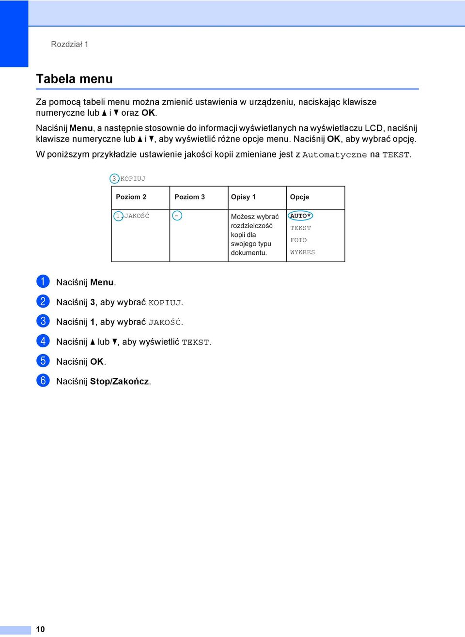 Naciśnij OK, aby wybrać opcję. W poniższym przykładzie ustawienie jakości kopii zmieniane jest z Automatyczne na TEKST. 3.KOPIUJ Poziom 2 Poziom 3 Opisy 1 Opcje 1.