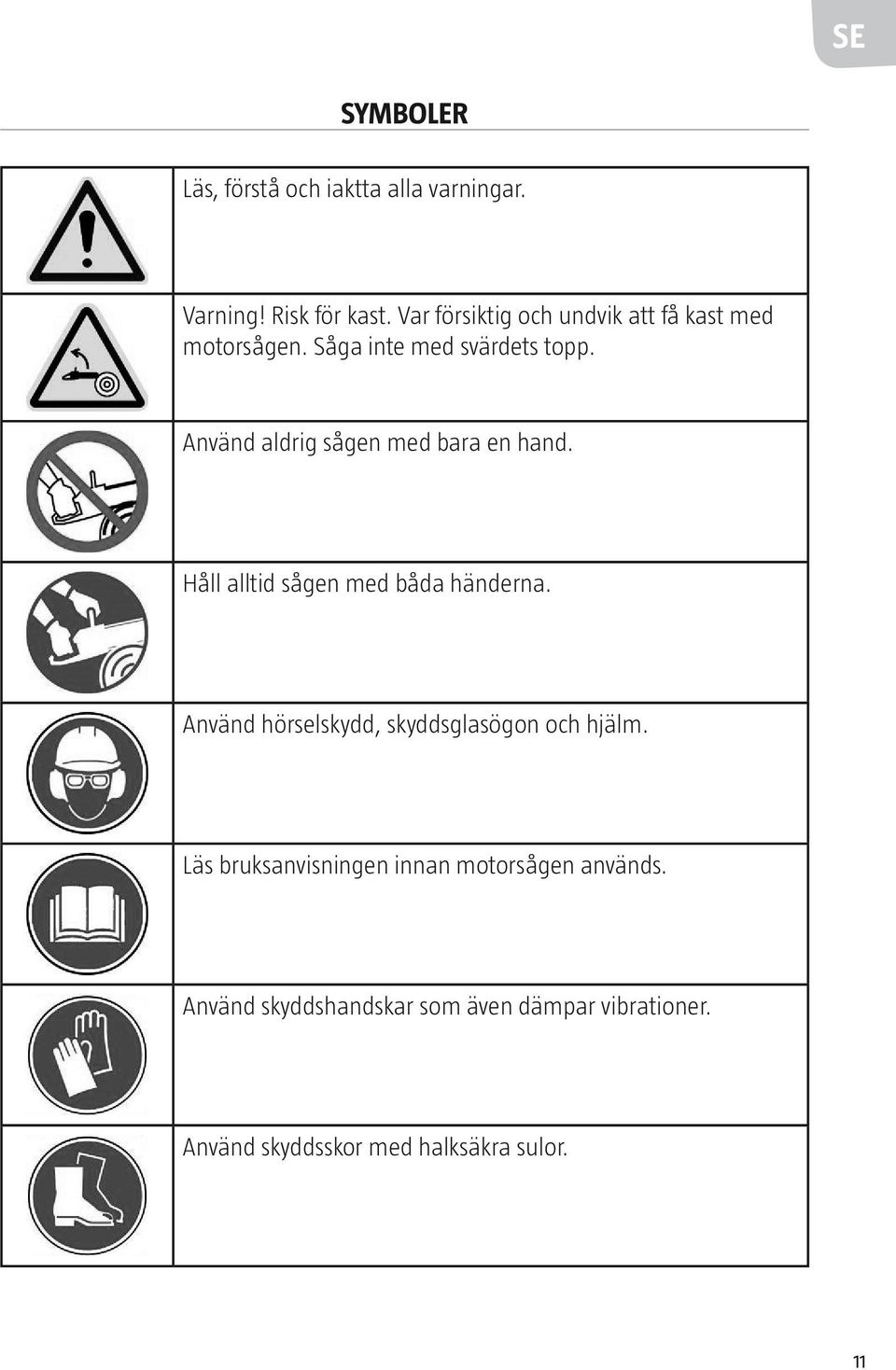 Använd aldrig sågen med bara en hand. Håll alltid sågen med båda händerna.