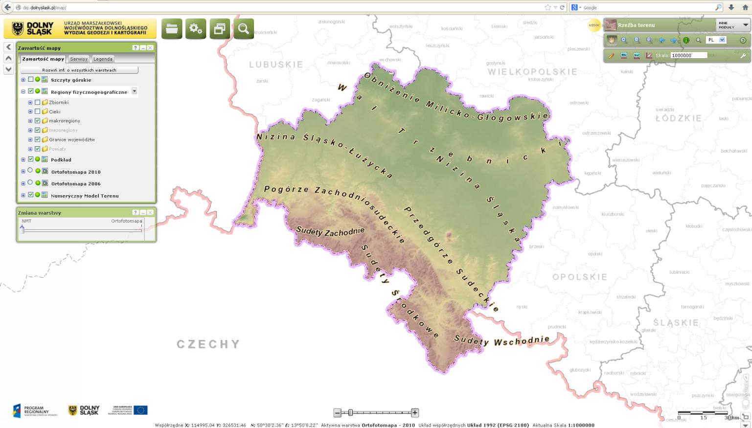 Aby przejść do przeglądania podziałów fizycznogeograficznych w oknie Zawartość mapy