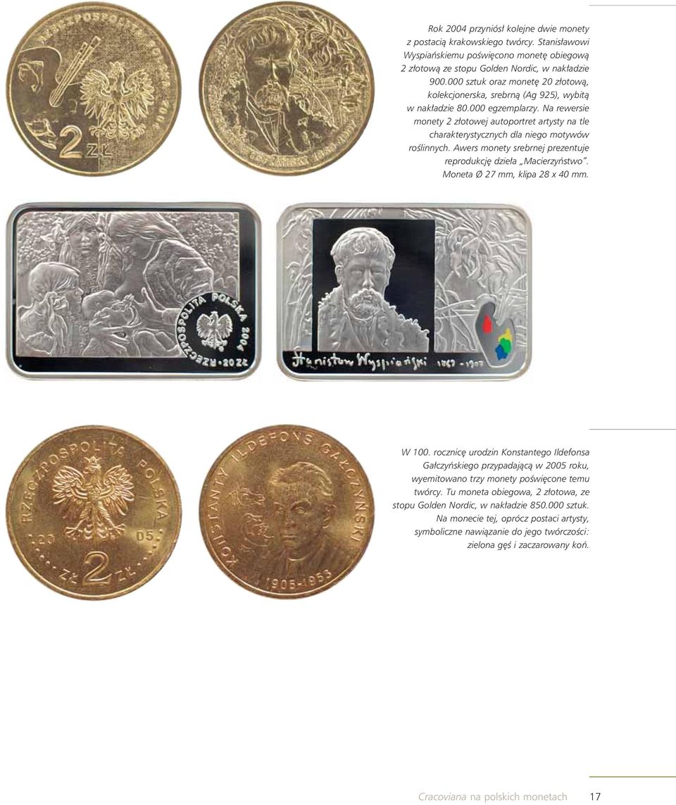 Na rewersie monety 2 złotowej autoportret artysty na tle charakterystycznych dla niego motywów roślinnych. Awers monety srebrnej prezentuje reprodukcję dzieła Macierzyństwo.