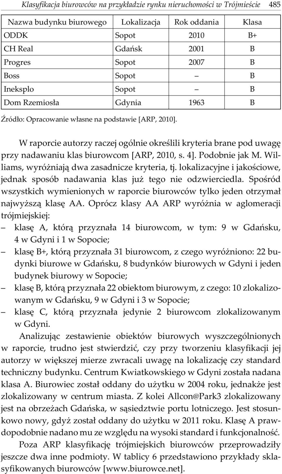 W raporcie autorzy raczej ogólnie okreœlili kryteria brane pod uwagê przy nadawaniu klas biurowcom [ARP, 2010, s. 4]. Podobnie jak M. Williams, wyró niaj¹ dwa zasadnicze kryteria, tj.