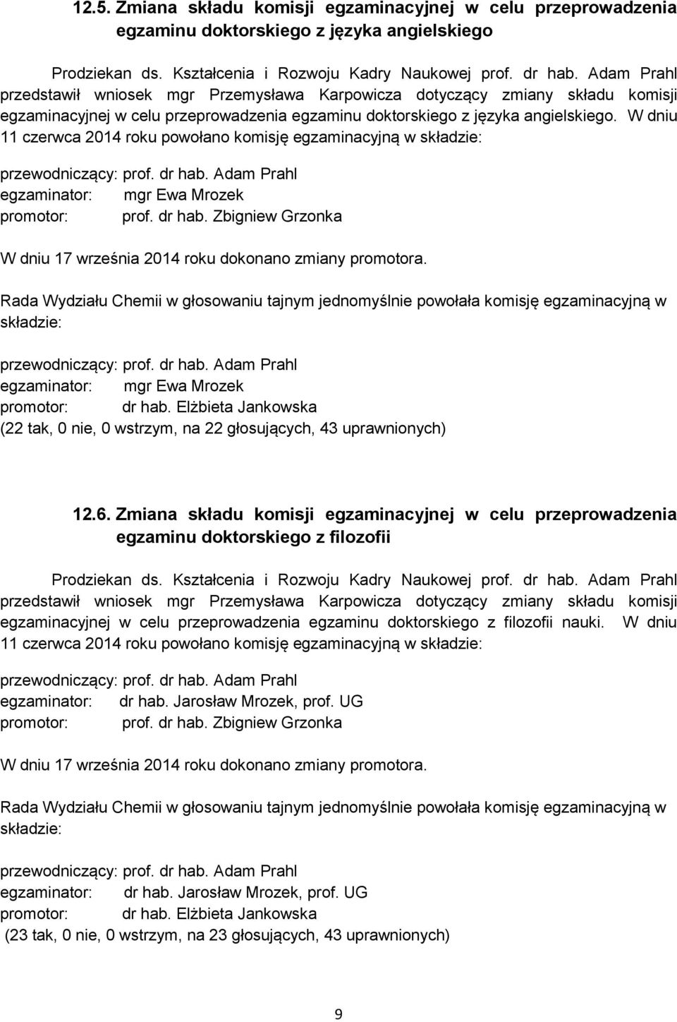 W dniu 11 czerwca 2014 roku powołano komisję egzaminacyjną w składzie: przewodniczący: egzaminator: mgr Ewa Mrozek promotor: prof. dr hab.