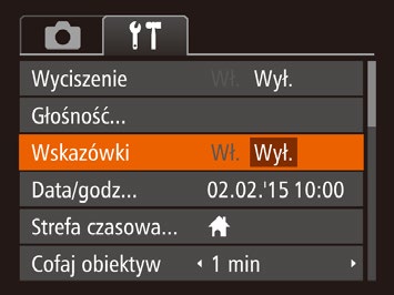 Ukrywanie wskazówek Wskazówki są zwykle widoczne po wybraniu menu FUNC. (= 26) lub elementów MENU (= 27). Jeśli chcesz, możesz wyłączyć wyświetlanie tych informacji.