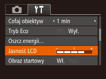 Jasność ekranu Jasność ekranu można wyregulować w sposób przedstawiony poniżej. Wybierz opcję [Jasność LCD], a następnie wyreguluj jasność za pomocą przycisków [ ][ ].