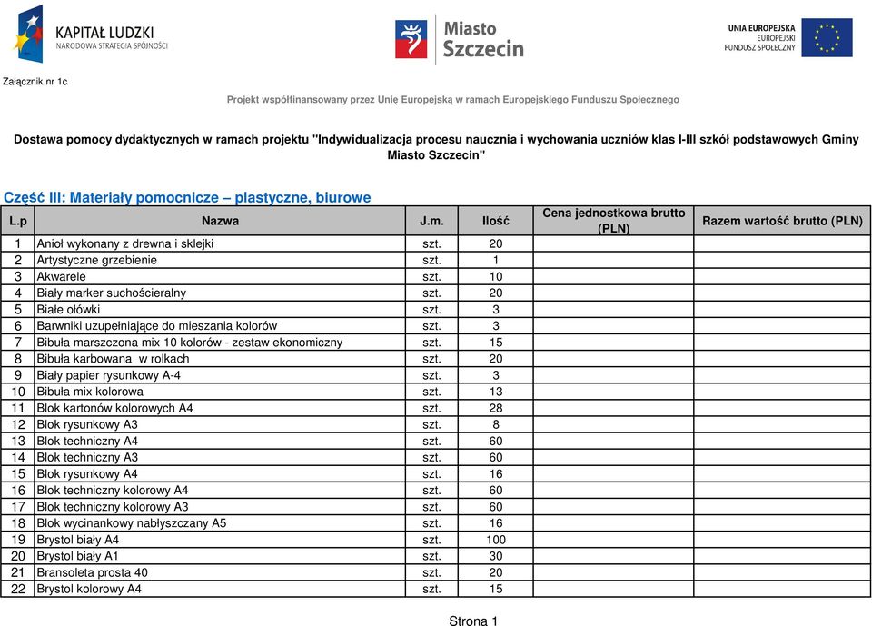 20 2 Artystyczne grzebienie szt. 1 3 Akwarele szt. 10 4 Biały marker suchościeralny szt. 20 5 Białe ołówki szt. 3 6 Barwniki uzupełniające do mieszania kolorów szt.