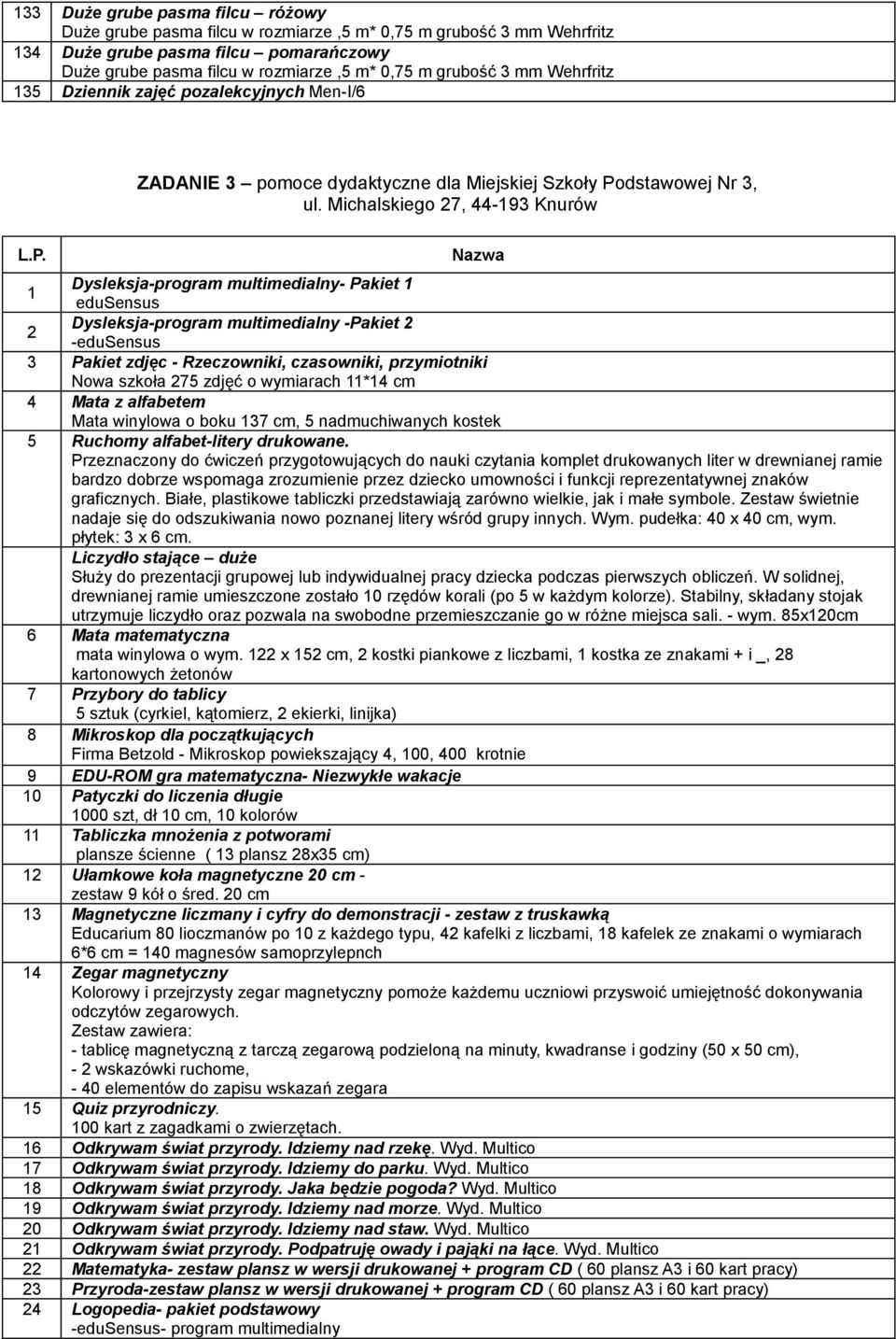 dstawowej Nr 3, ul. Michalskiego 27, 44-193 Knurów L.P.