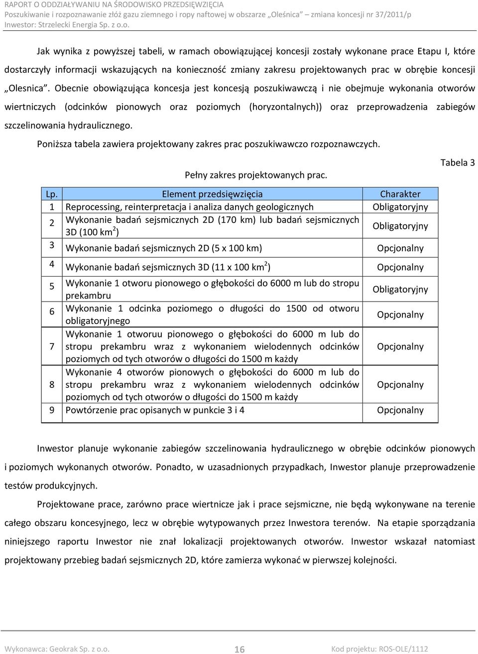 Obecnie obowiązująca koncesja jest koncesją poszukiwawczą i nie obejmuje wykonania otworów wiertniczych (odcinków pionowych oraz poziomych (horyzontalnych)) oraz przeprowadzenia zabiegów