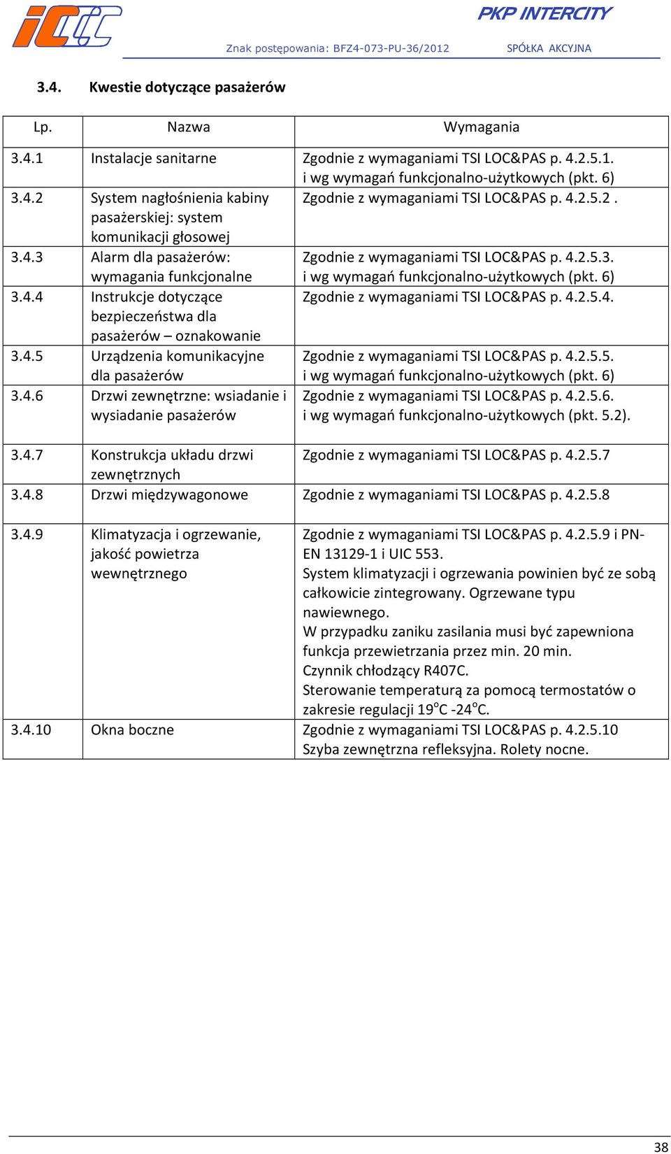 4.2.5.4. bezpieczeństwa dla pasażerów oznakowanie 3.4.5 Urządzenia komunikacyjne dla pasażerów Zgodnie z wymaganiami TSI LOC&PAS p. 4.2.5.5. i wg wymagań funkcjonalno-użytkowych (pkt. 6) 3.4.6 Drzwi zewnętrzne: wsiadanie i wysiadanie pasażerów Zgodnie z wymaganiami TSI LOC&PAS p.