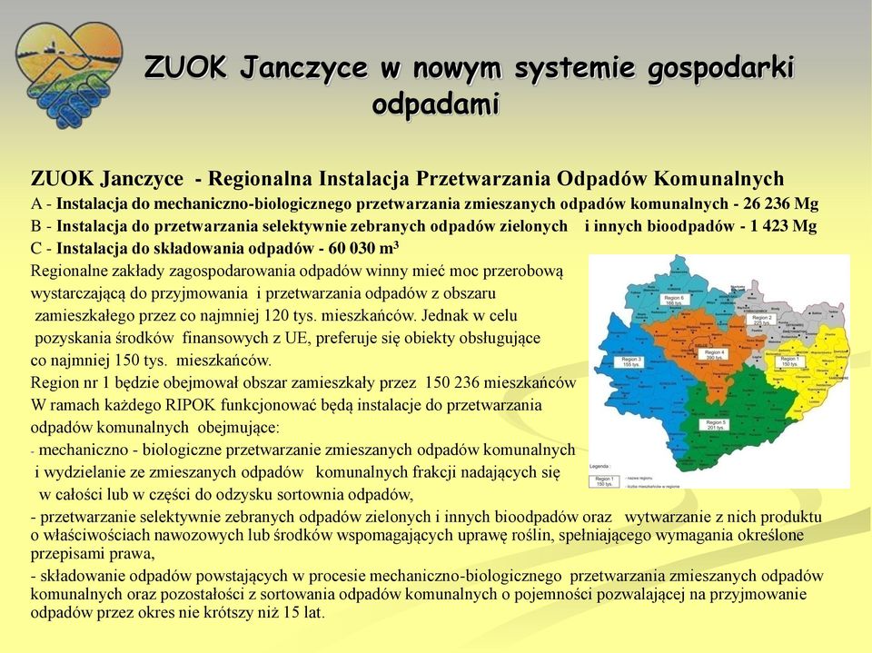 zagospodarowania odpadów winny mieć moc przerobową wystarczającą do przyjmowania i przetwarzania odpadów z obszaru zamieszkałego przez co najmniej 120 tys. mieszkańców.