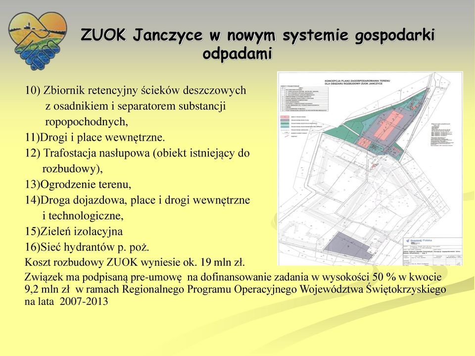 12) Trafostacja nasłupowa (obiekt istniejący do rozbudowy), 13)Ogrodzenie terenu, 14)Droga dojazdowa, place i drogi wewnętrzne i technologiczne,