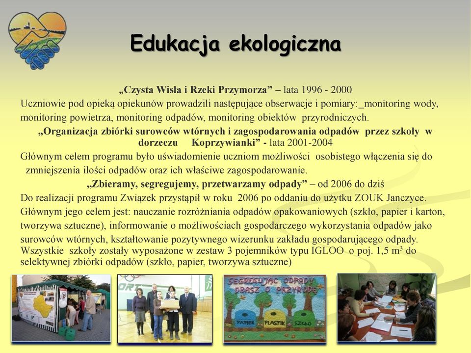 Organizacja zbiórki surowców wtórnych i zagospodarowania odpadów przez szkoły w dorzeczu Koprzywianki - lata 2001-2004 Głównym celem programu było uświadomienie uczniom możliwości osobistego