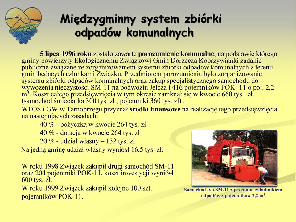 Przedmiotem porozumienia było zorganizowanie systemu zbiórki odpadów komunalnych oraz zakup specjalistycznego samochodu do wywożenia nieczystości SM-11 na podwoziu Jelcza i 416 pojemników POK -11 o