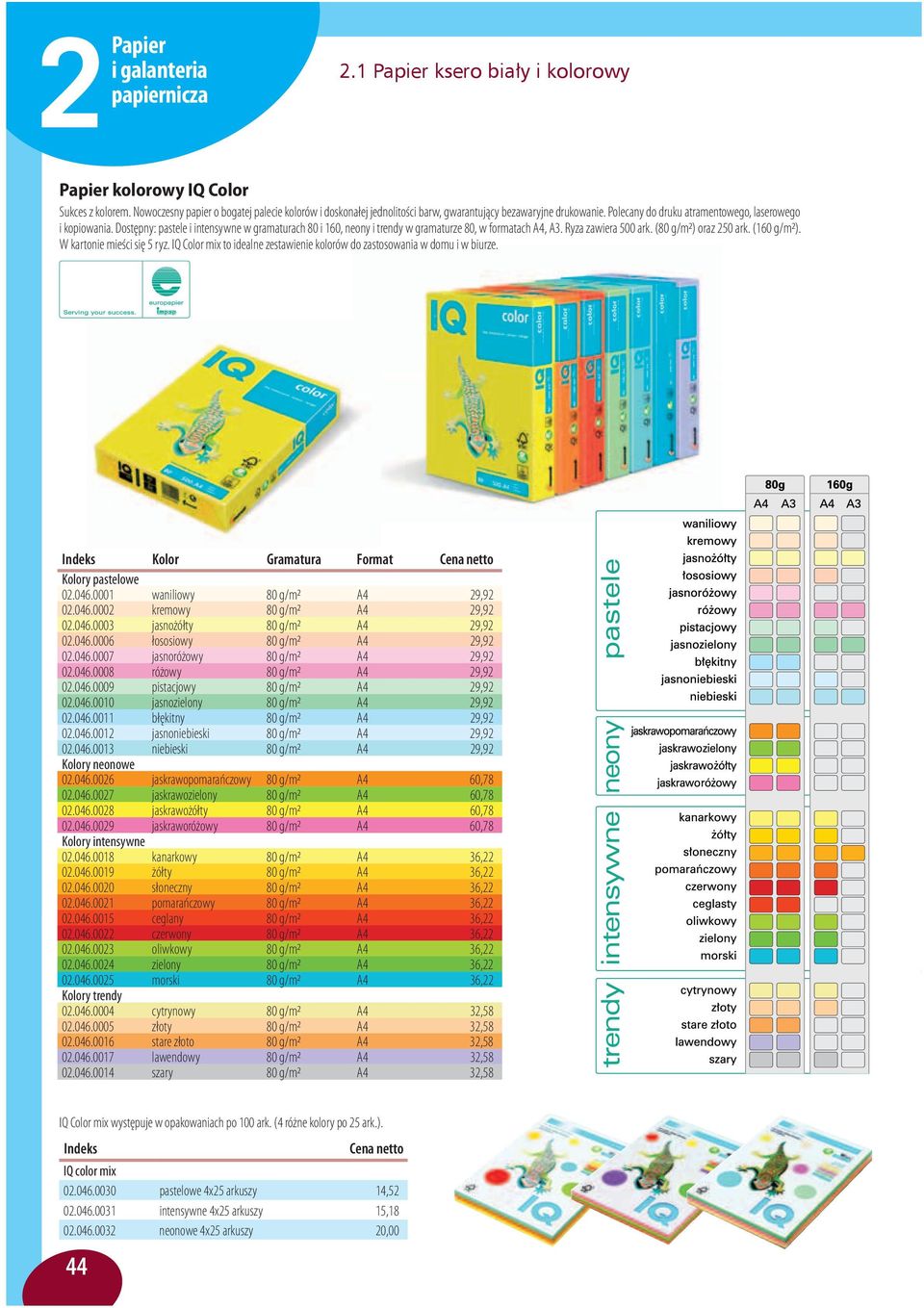 (80 g/m2) oraz 250 ark. (160 g/m2). W kartonie mieści się 5 ryz. IQ Color mix to idealne zestawienie kolorów do zastosowania w domu i w biurze. Indeks Kolor Gramatura Format Cena Kolory pastelowe 02.