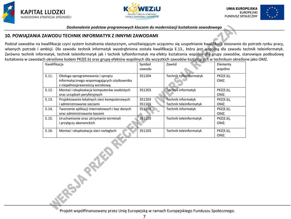 Zarówno technik informatyk, technik teleinformatyk jak i technik tyfloinformatyk ma efekty kształcenia wspólne dla grupy zawodów, stanowiące podbudowę kształcenia w zawodach określone kodem KZ(E.