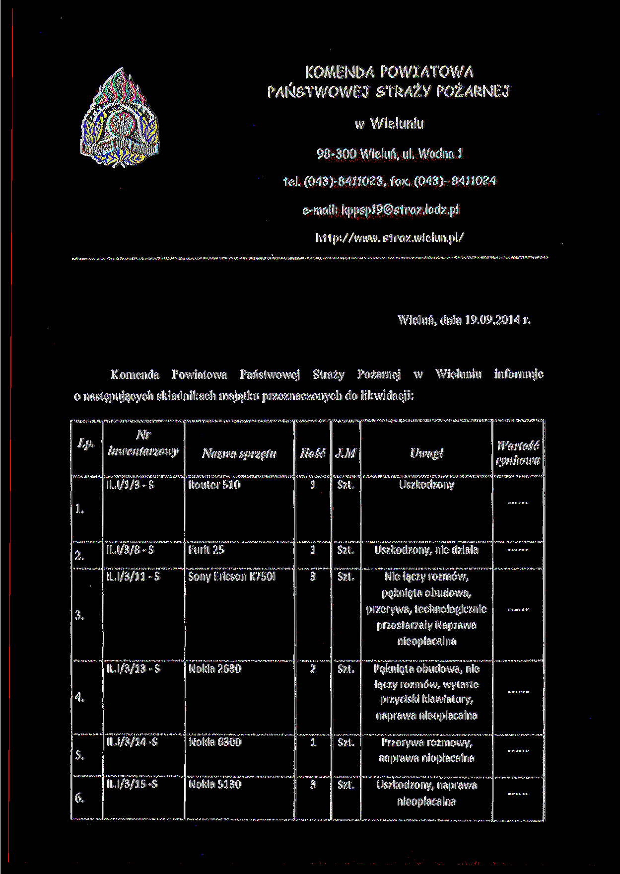 KOMENDA POWIATOWA PAŃSTWOWEJ STRAŻY POŻARNEJ w Wieluniu 98-300 Wieluń, ul. Wodna l tel. (03)-803, fax. (03)- 80 e-mcut. kppspl9@straz.lodz.pl http://www. straz.wielun.pl/ Wieluń, dnia 9.09.0 r.