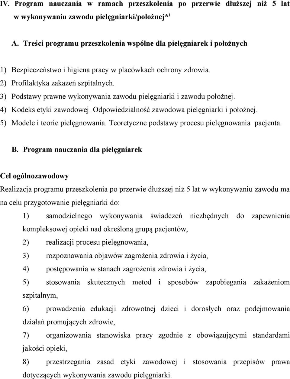 3) Podstawy prawne wykonywania zawodu pielęgniarki i zawodu położnej. 4) Kodeks etyki zawodowej. Odpowiedzialność zawodowa pielęgniarki i położnej. 5) Modele i teorie pielęgnowania.