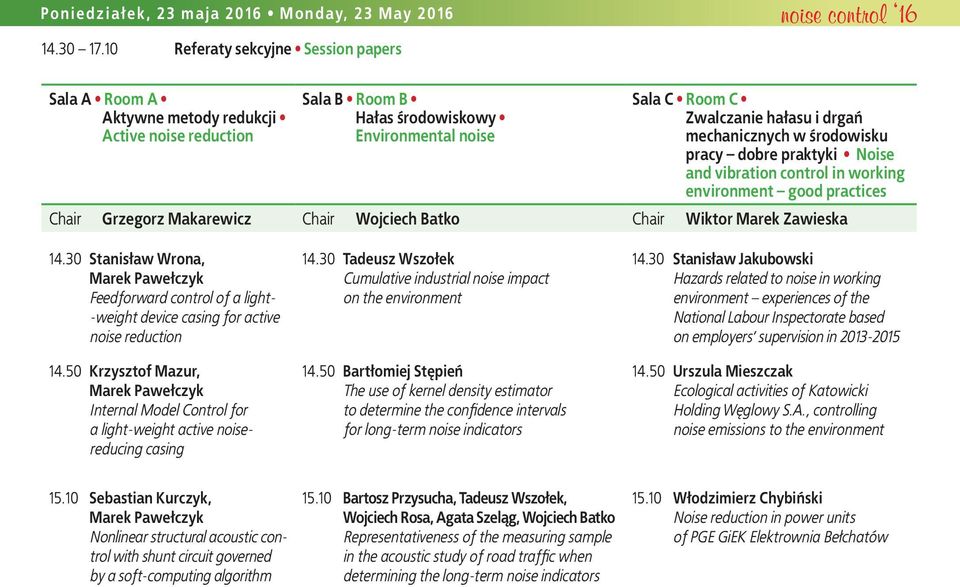 mechanicznych w środowisku pracy dobre praktyki Noise and vibration control in working environment good practices Chair Grzegorz Makarewicz Chair Wojciech Batko Chair Wiktor Marek Zawieska 14.