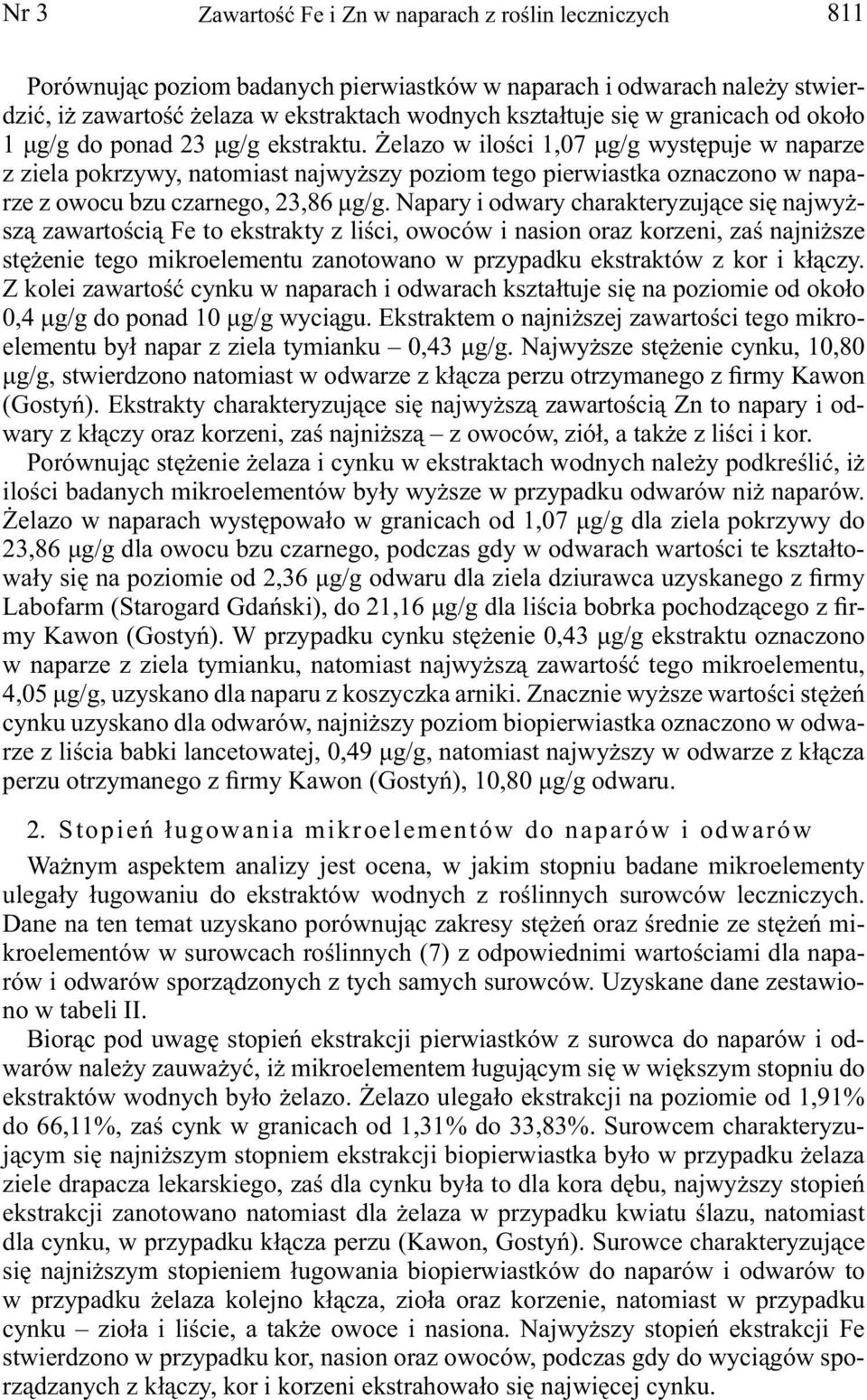 Żelazo w ilości 1,07 μg/g występuje w naparze z ziela pokrzywy, natomiast najwyższy poziom tego pierwiastka oznaczono w naparze z owocu bzu czarnego, 23,86 μg/g.