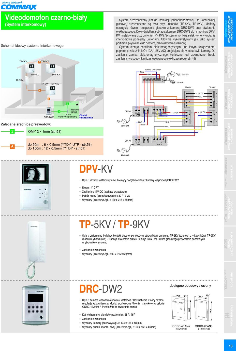 5) System przeznaczony jest do instalacji jednoabonentowej. Do komunikacji głosowej przeznaczone są dwa typy unifonów (TP-5KV, TP-9KV).