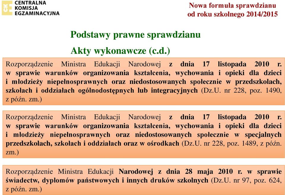 integracyjnych (Dz.U. nr 228, poz. 1490, z późn. zm.) Rozporządzenie Ministra Edukacji Narodowej z dnia 17 listopada 2010 r.