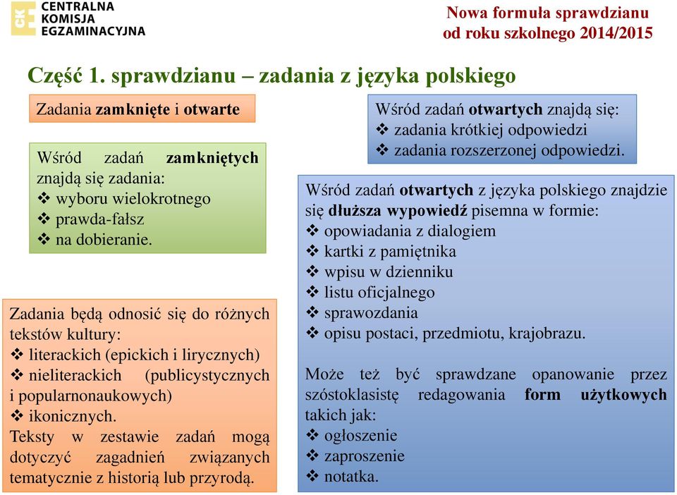 Teksty w zestawie zadań mogą dotyczyć zagadnień związanych tematycznie z historią lub przyrodą.