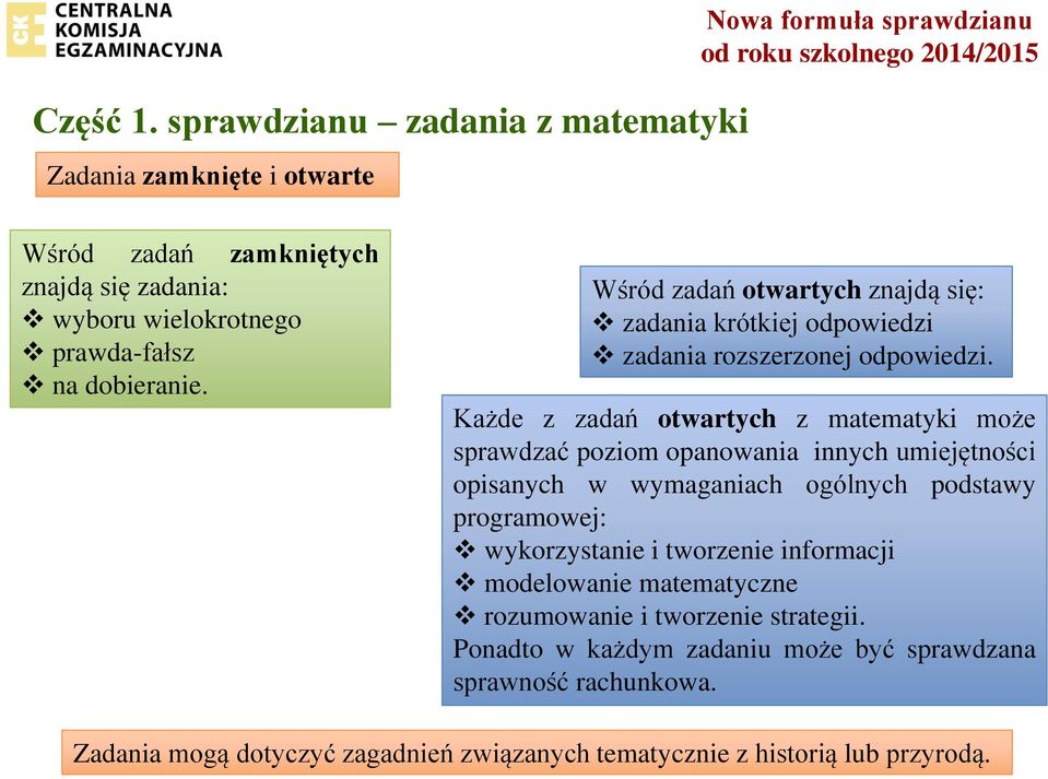 dobieranie. Wśród zadań otwartych znajdą się: zadania krótkiej odpowiedzi zadania rozszerzonej odpowiedzi.