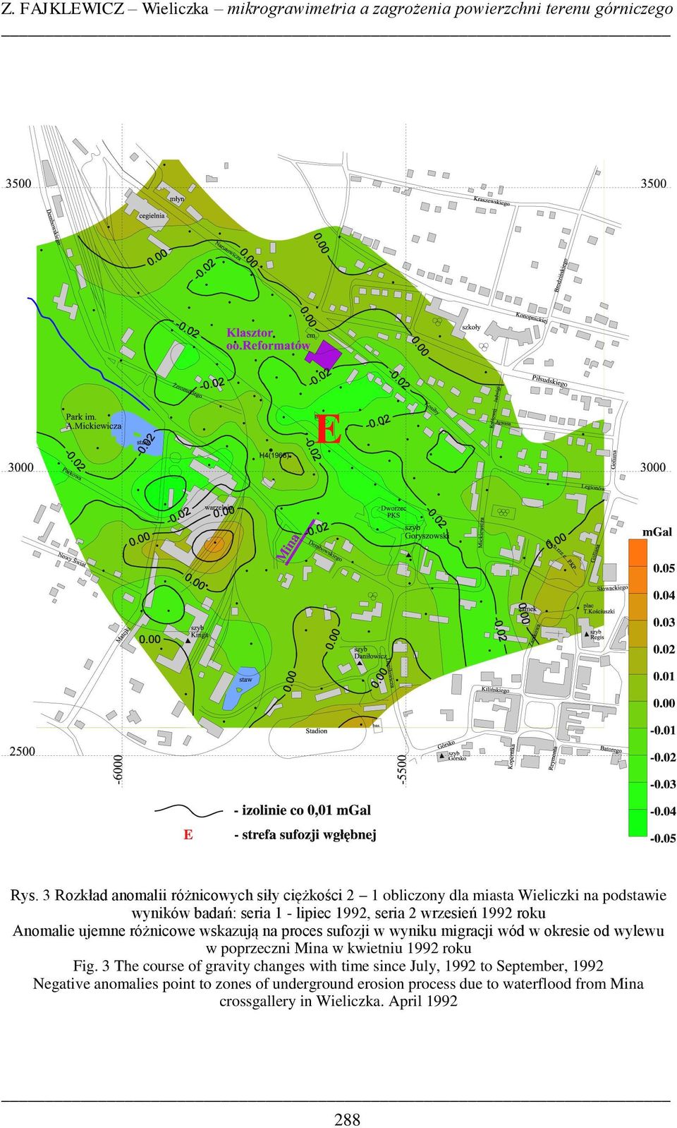 1992 roku Anomalie ujemne różnicowe wskazują na proces sufozji w wyniku migracji wód w okresie od wylewu w poprzeczni Mina w kwietniu 1992 roku Fig.